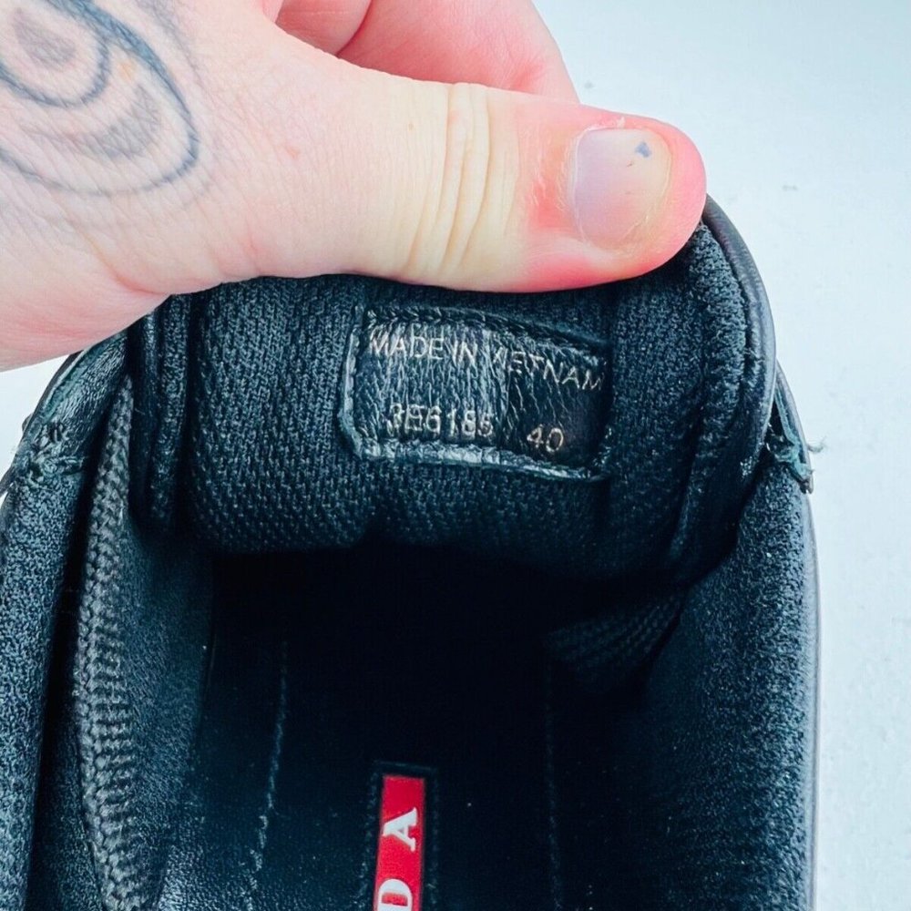 Prada Black Leather Low Top Red Line Logo Chunky Classic Trainers UK 7 - Picture 9 of 12